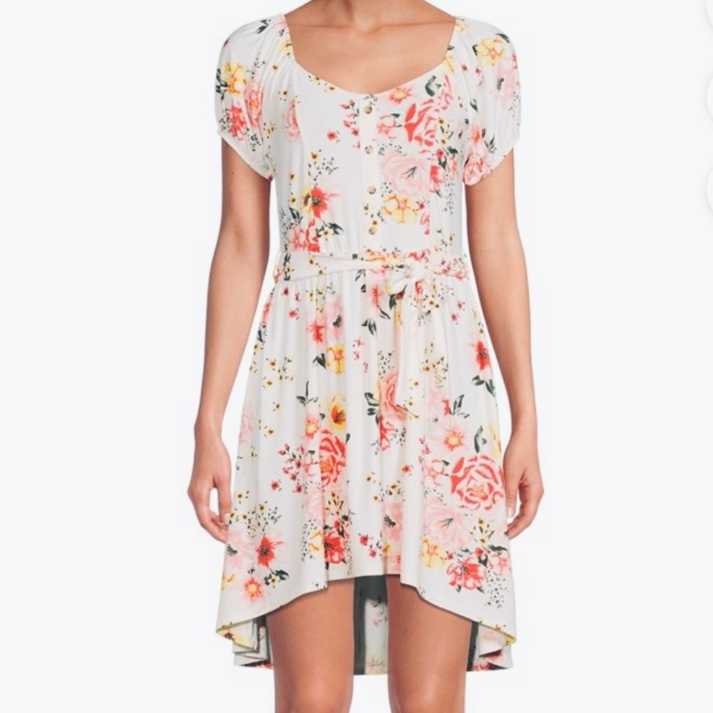 NOBO Women's Medium White & Rose Floral Puff Sleeve Front Tie Peasant Midi Dress